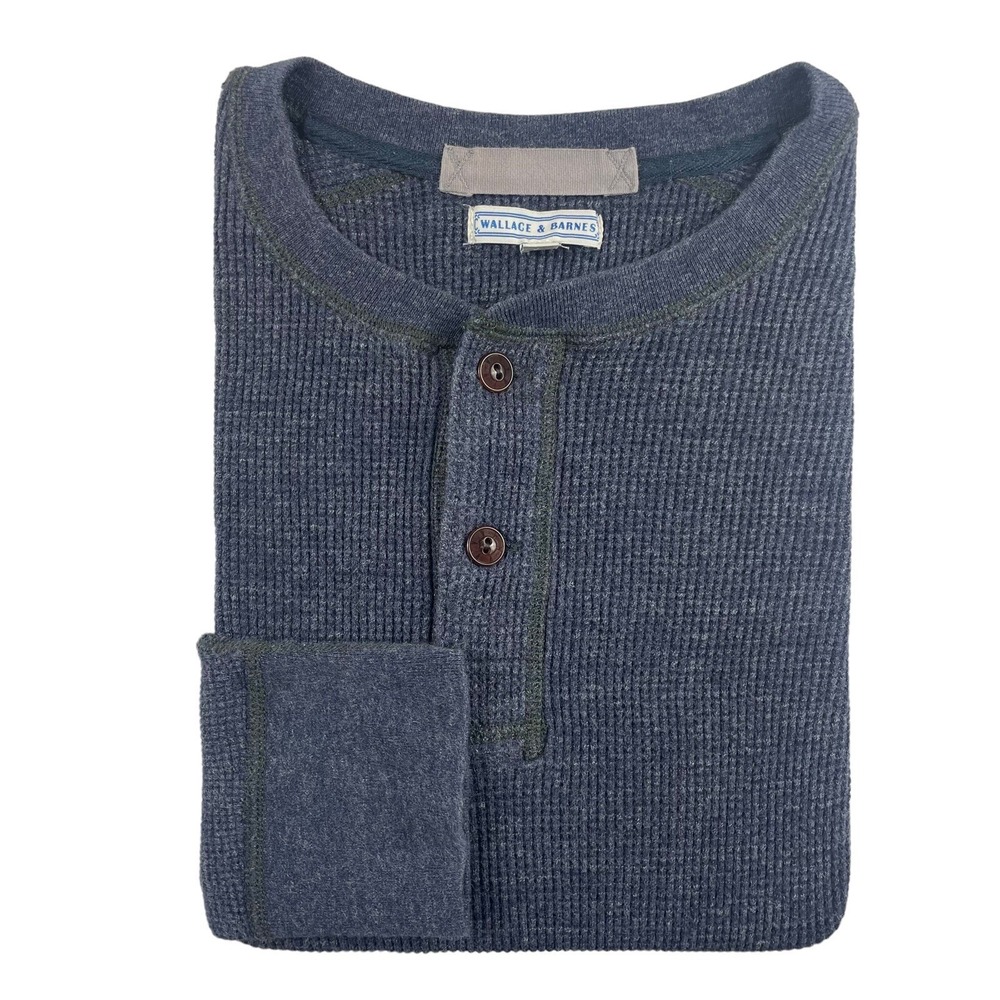 Wallace‎ & Barnes Blue Cotton Blend Grid Thermal Henley Size Small
